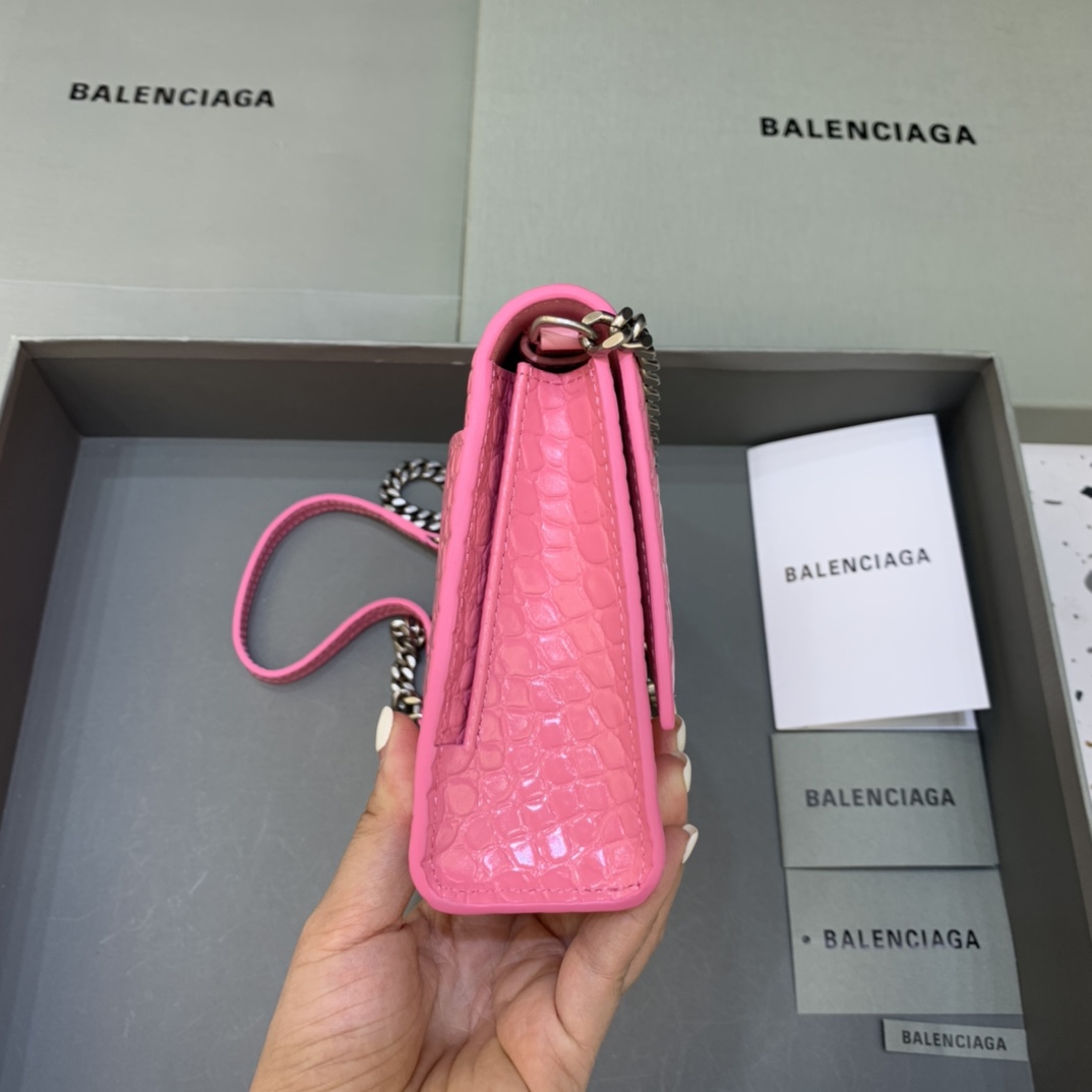 Balenciaga Big Hourglass Wallet With Chain Crocodile Embossed Shoulder Bag Pink